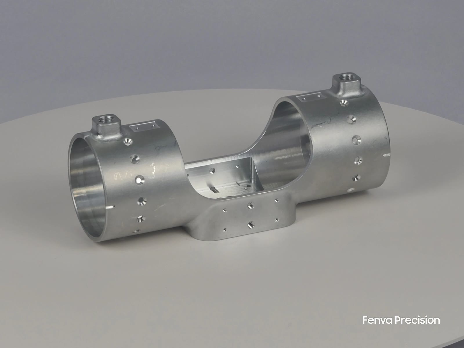 Machined aluminium twin-bore gearbox and actuator housing with counterbored bolt patterns