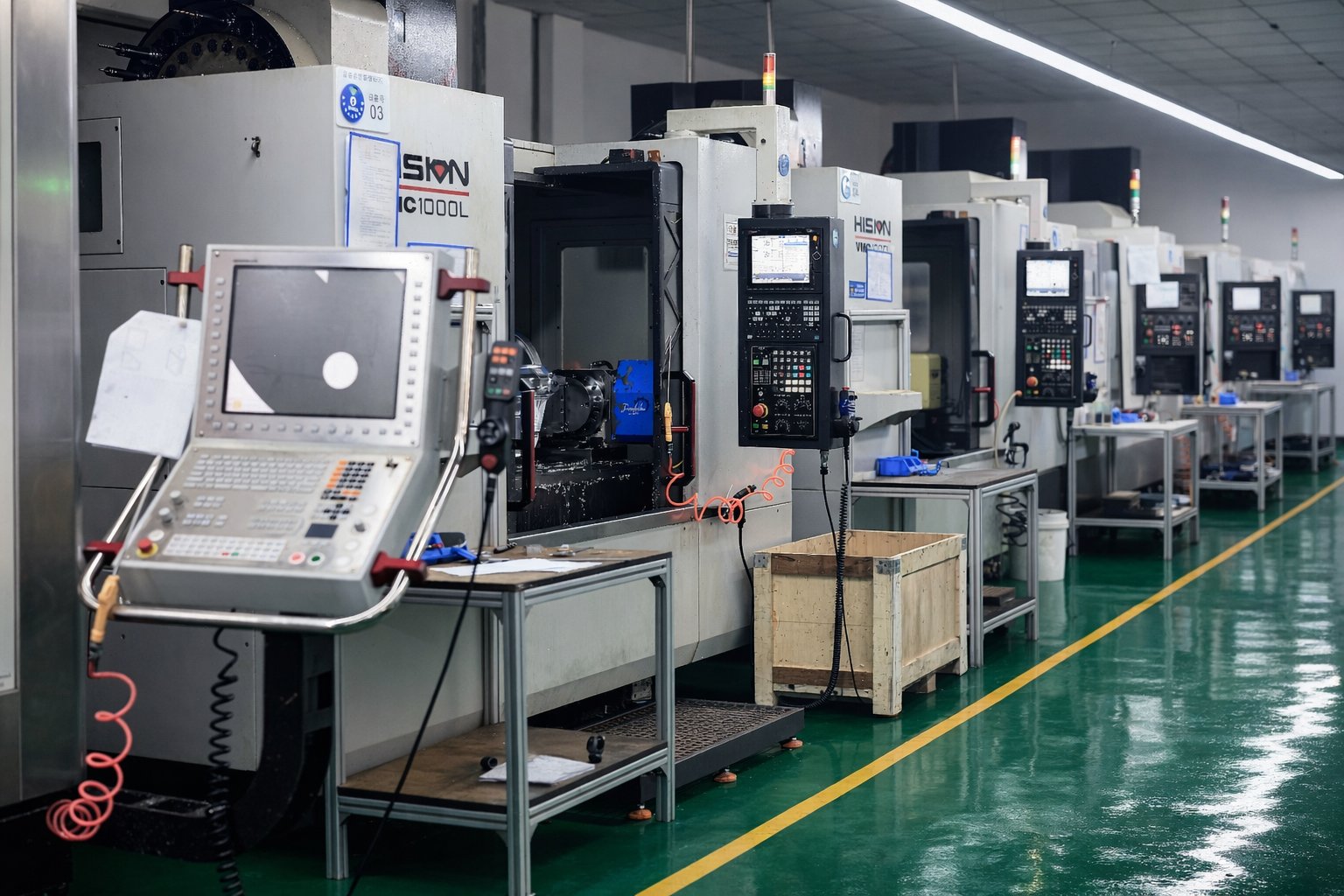 Row of CNC machines on the Fenva Precision production floor